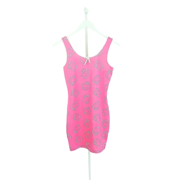 Shein X Hello Kitty Mini Slip Dress XS Pink White Print Sleeveless Ruffle Trim - Picture 1 of 3